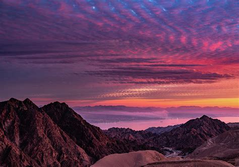 Beautiful Sunset View On Mountains Desert And Eilat In Israel