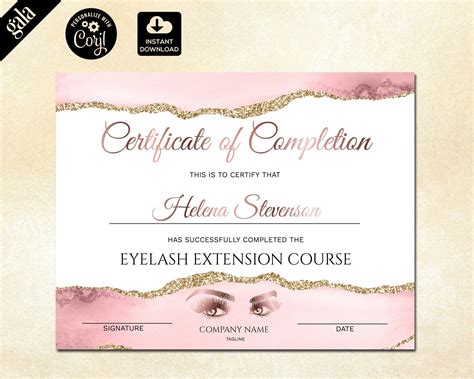 Rose Gold Certificate Of Completion Template Lashes Certificate