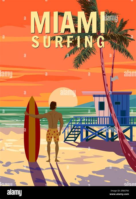 Miami Beach Retro Poster Surfer With Surfboard Lifeguard House On The
