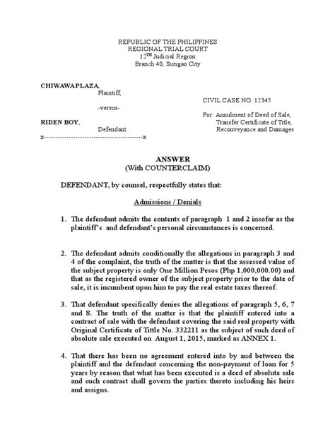 Sample Answer For Annulment Of Deed Of Sale Pdf Deed Lawsuit