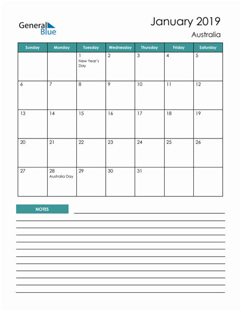 January 2019 Calendar With Australia Holidays