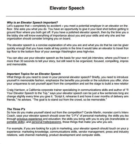 Check out our speech samples to get the upperhand in writing one for your class, for a company, or just for your own personal ambition. FREE 7+ Sample Elevator Speech in PDF