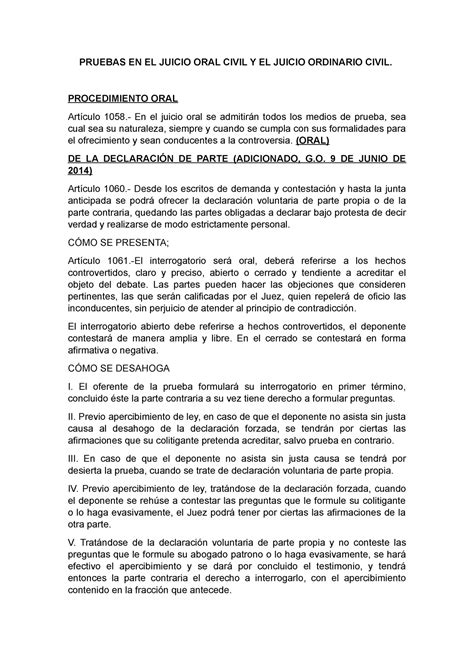 Pruebas Derecho Procesal Pruebas En El Juicio Oral Civil Y El Juicio