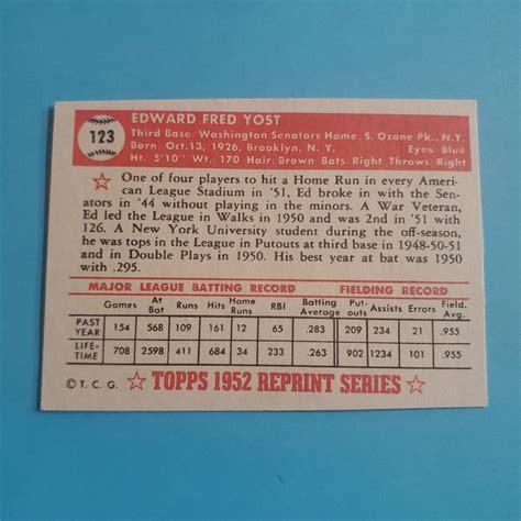 1983 Topps Eddie Yost 123 Washington Senators 1952 Reprint Baseball