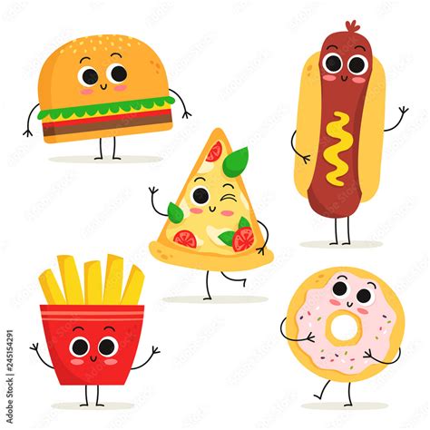 Set Of 5 Cute Cartoon Fast Food Characters Isolated On White Stock