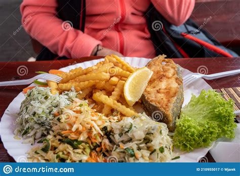Fried Fish With Fries And Vegetable Salad Stock Image Image Of Diet