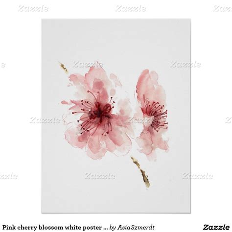 Pink Cherry Blossom White Poster Sakura Cherry Blossom Watercolor