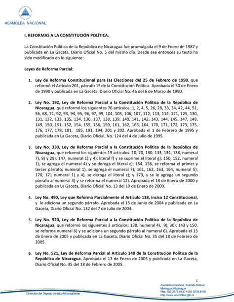Resumen De Reformas Asamblea Nacional De Nicaragua