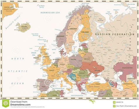 Europe Political Map Retro Colors Stock Vector Illustration Of
