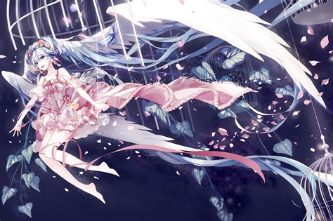 Wallpaper Illustration Long Hair Anime Girls Wings Plants Feathers Dress Flying