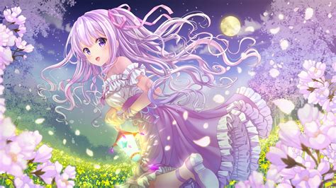 Wallpaper Blossom Smiling Moon Petals Anime Girl Dress Purple