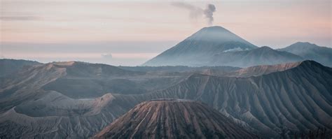 Download Wallpaper 2560x1080 Volcano Peak Smoke Fog Landscape Dual
