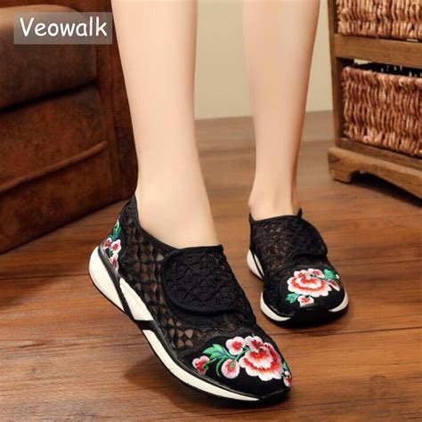 Veowalk Floral Embroidered Womens Casual Canvas Flat Platforms Breathable Mesh Fabric Ladies