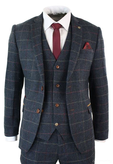 mens 3 piece tweed suit marc darcy check slim fit blazer waistcoat trouser meilleur prix garanti