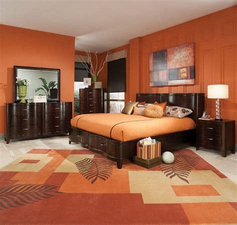 Fascinating traditional living room paint colors. Orange Bedroom Ideas With Dark Brown Furniture Design Using Nice Painting And Elegant Print ...