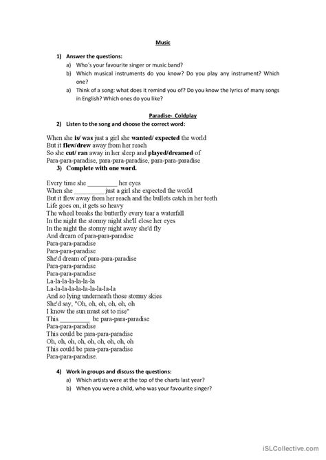 Paradise Song Coldplay Song And Nur English Esl Worksheets Pdf Doc