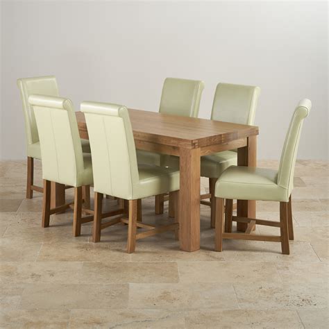 Six cream leather french dining chairs, circa 1980. Contemporary Dining Set in Oak: Table + 6 Cream Leather Chairs