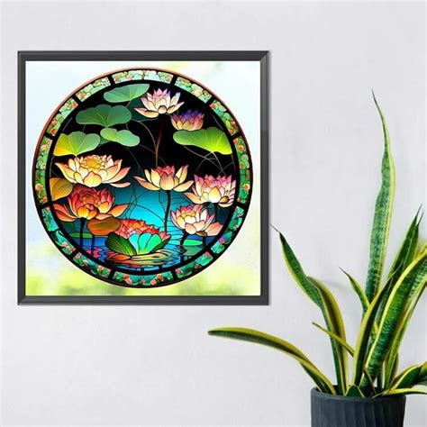 Diy 5d Lotus Stained Glass Diamond Painting Kit Full Rhinestones Art