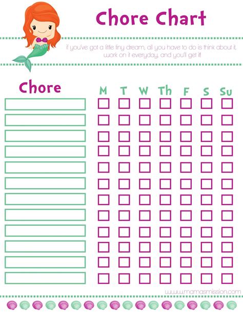 Little Mermaid Girl Printable Chore Chart | Printable chore chart, Chore chart, Chore chart kids