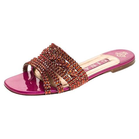 Gina Redpink Crystal Embellished Leather Flat Slides Size 385 Leather Flats Pink Crystal