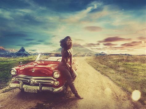 Hot Girl Vintage Car Landscape Warm Fantasy Warm Nature Hd Wallpaper Pxfuel