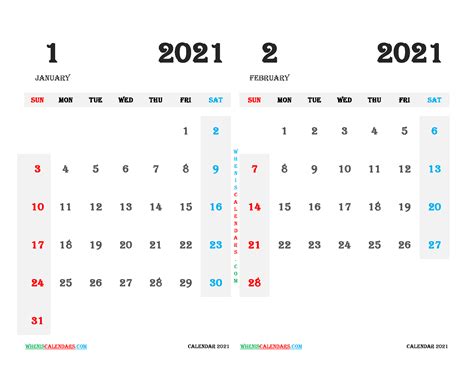 January February 2021 Calendar Printable Free 12 Templates
