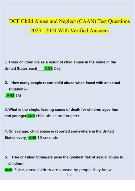 DCF Child Abuse and Neglect (CAAN) Test Questions and Answers 2023