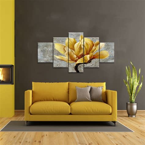 Yellow Grey Flower Wall Art Abstract Oil Print On Canvas Home Pictures