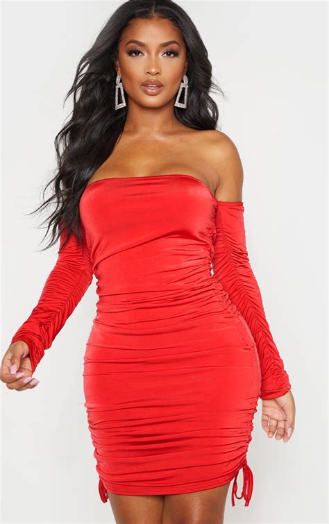 shape red slinky ruched side bodycon dress prettylittlething aus