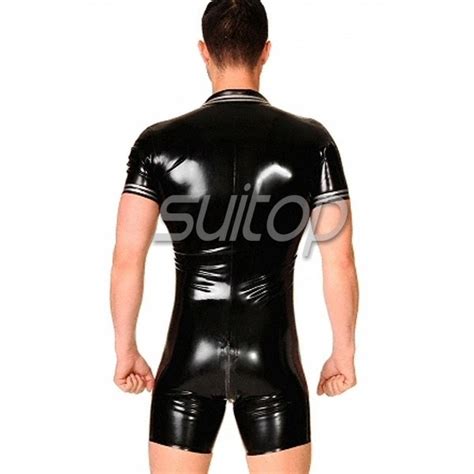 Mens Rubber Latex Leotard Bodysuit With Front Zip In Black Color