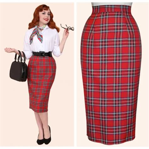 30 Women Vintage 50s Pinup Tartan High Waist Wiggle Midi Pencil Skirt