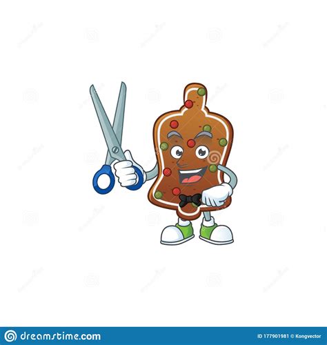 Cute Barber Gingerbread Bell Cartoon Character Style with Scissor Stock