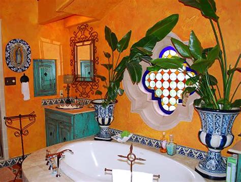 Mexican Interior Bathroom With Ceramic Urns And Yellow Walls Colorful