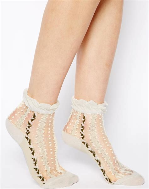 Lyst Asos Sheer Spot Floral Ankle Socks In Yellow