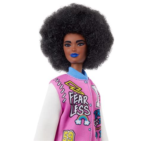 Barbie Fashionistas With Brunette Afro And Blue Lips Wearing Graphic Coat Dress And Yellow Shoes B