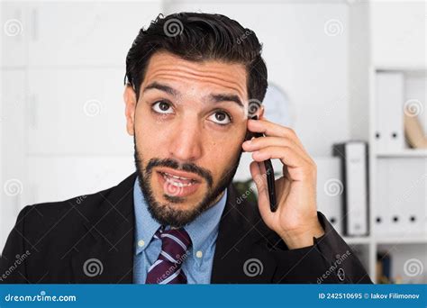 Smiling Man Is Talking Phone With His Partner Stock Image Image Of