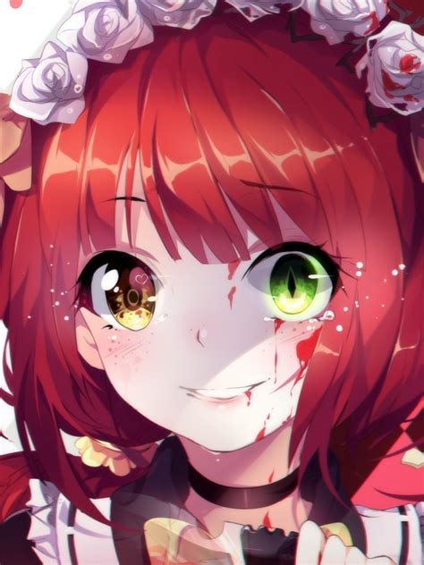 Download 600x800 Anime Girl Bicolored Eyes Yandere Redhead Tears Wallpapers For Nook Tablet