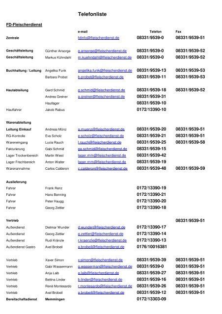 Eine telefonliste aller sachbearbeiterinnen und sachbearbeiter steht am ende der seite zum informationen zur verarbeitung. Telefonliste pdf - Fleischerdienst Memmingen