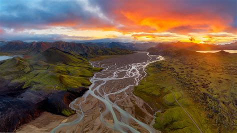 River Delta Landform Sunset Orange Sky On Top Of Iceland Wallpaper Hd
