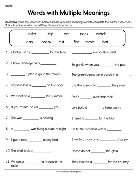 Multiple Meaning Words Worksheets Grade 5