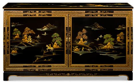 Black Lacquer Chinoiserie Scenery Motif Oriental Cabinet Asian
