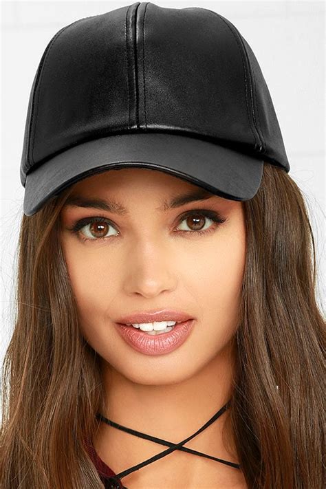 Chic Black Baseball Cap Faux Leather Baseball Cap Baseball Hat