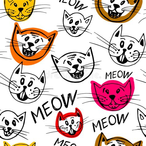 Vector Seamless Pattern Of Funny Cartoon Cat Faces Stock