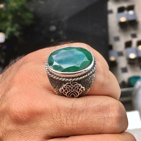 Emerald Mens Ring Natural Big Gemstone Sterling Silver Unique