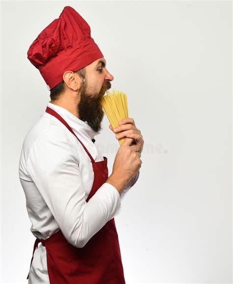 Catering And Italian Food Concept Man With Beard On White Stock Photo