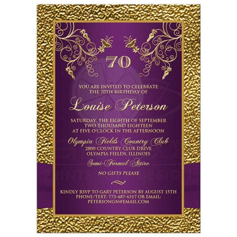 Photo Template Purple Gold 70th Birthday Invite Printed