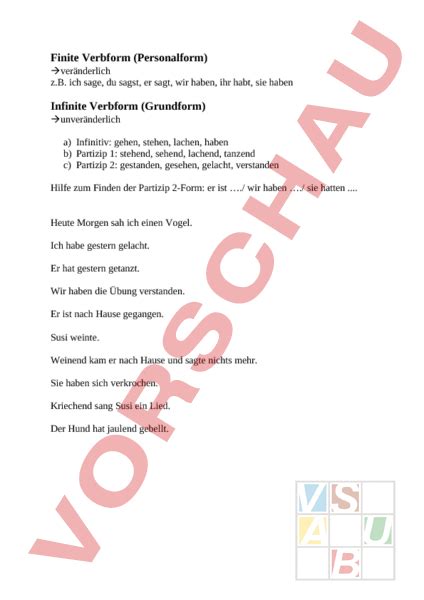Finite verbform, personalendung, personalform) werden die formen eines verbs zusammengefasst, die nicht nach person und numerus, tempus oder modus konjugiert werden, auch wenn sie als verbaladjektive flektiert werden können. Arbeitsblatt: Verbformen - Deutsch - Grammatik