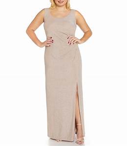  Papell Plus Size Sleeveless Side Ruched Metallic Knit Gown