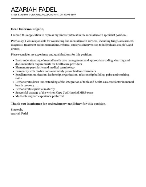 Mental Health Specialist Cover Letter Velvet Jobs