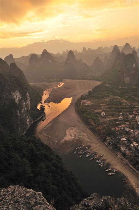 Li River And Mountains At Sunset Yangshuo China Huang Xin Flickr